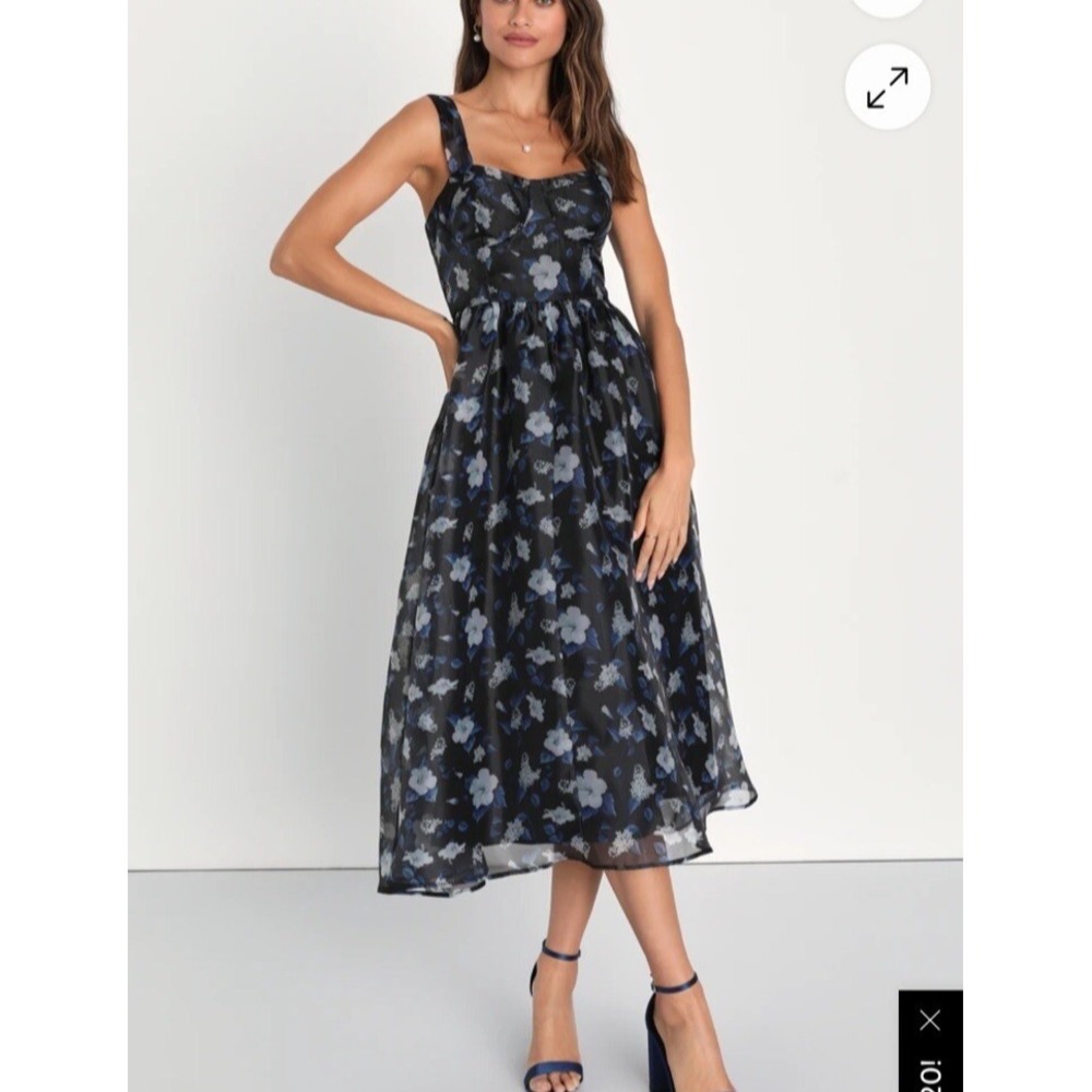 Lulus Dress Black Floral Organza Bustier Midi Size XXL Event Gala Wedding Guest - Picture 3 of 14
